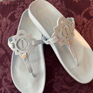 Pale Blue Crown and Ivy thong faux leather sandals